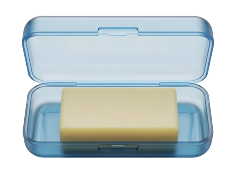 Open blue plastic soap case with bar of soap isolated on transparent background