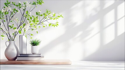 A serene still life arrangement featuring a white vase with delicate white blossoms and green leaves, a small potted succulent, and stacked books on a wooden su