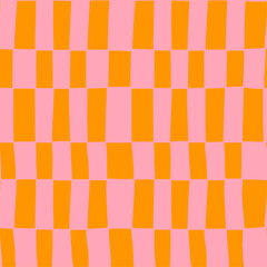 Abstract checkered groovy seamless pattern. Pink and yellow retro wavy vertical rectangle texture, hand drawn striped plaid print. Distorted checkerboard background.
