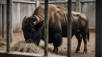 Fototapeta premium European bison feeding on hay in a zoo enclosure confined behind bars