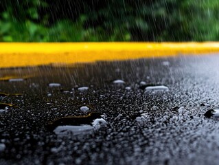 close-up image of raindrops on a wet surface, showcasing water droplets and a blurred yellow line in the background, conveying a serene and moody atmosphere.