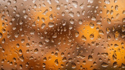  close-up view of raindrops on a foggy window, creating a blurred background with warm, golden hues.