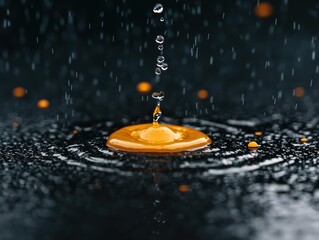 close-up image of a droplet falling onto a surface, creating ripples, with a dark background accentuating the bright orange hue.