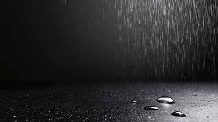 close-up of water droplets falling onto a dark surface, creating a serene and calming atmosphere with reflections.