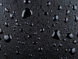 Close-up of raindrops on a dark surface, showcasing a mesmerizing pattern of glossy droplets reflecting light.