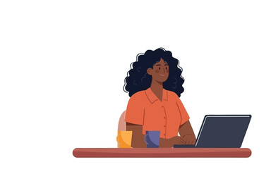 Smiling Black professional woman working on a modern laptop at a desk, isolated vector illustration.