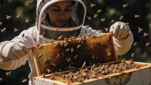 Female beekeeper inspecting honey quality and quantity in apiary while caring for worker bees