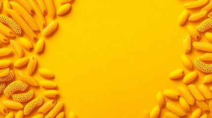 Various kinds of Italian pasta form a beautiful display on a bright yellow surface. The playful shapes and colors create an inviting atmosphere perfect for food lovers and culinary enthusiasts
