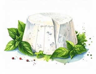 Watercolor Ricotta Cheese with Fresh Basil Leaves, A Culinary Delights Illustration