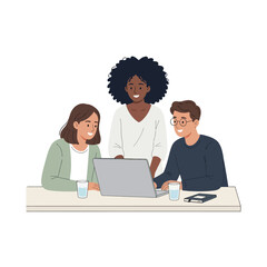 Diverse business team collaborating around a laptop on a white background