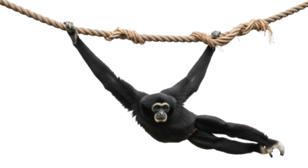 Siamang hanging from a rope isolated on transparent background this arboreal black furred gibbon is native to southeast asia