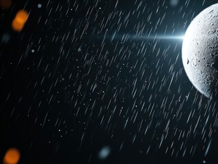 cosmic scene featuring a textured moon with radiant light and falling particles, emphasizing a celestial and mystical atmosphere.