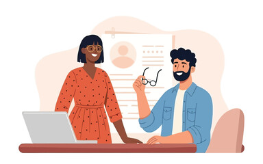 Diverse business colleagues collaborating or conducting a job interview in a modern office setting.