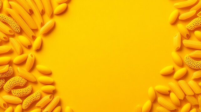 Various kinds of Italian pasta form a beautiful display on a bright yellow surface. The playful shapes and colors create an inviting atmosphere perfect for food lovers and culinary enthusiasts