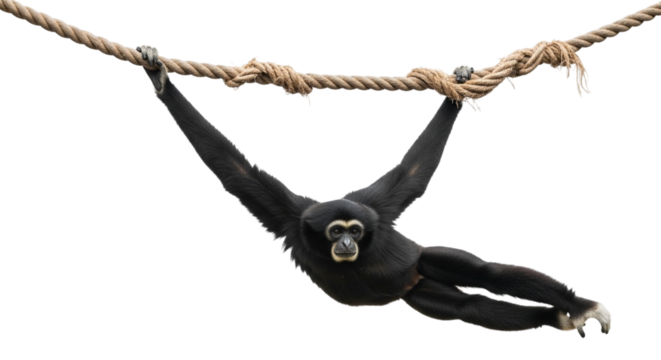 Siamang hanging from a rope isolated on transparent background this arboreal black furred gibbon is native to southeast asia
