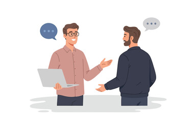 Professional men discussing project details with a laptop and speech bubbles illustration.