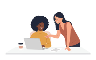 Diverse professional women collaborating on a laptop during a business meeting in the office.