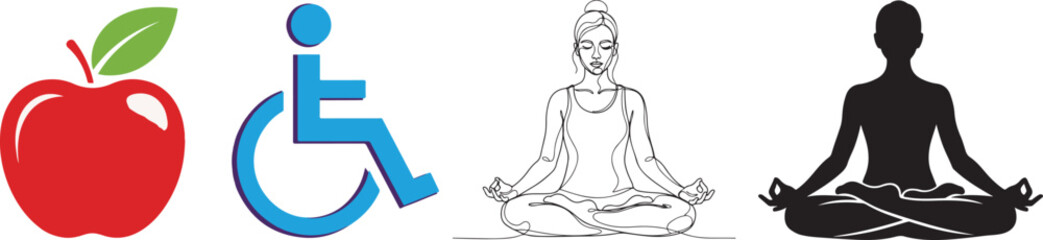 Icon Set: Apple, Wheelchair, Yoga Poses, Silhouette Meditation