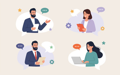 Business Communication and Feedback concept with professional people in speech bubbles