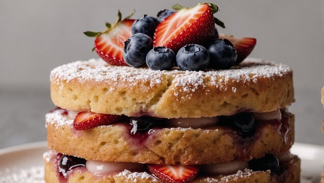 Close-up view of a delectable layered medovik honey cake with strawberry and blueberry slice on grey background Isolated Side View Dessert