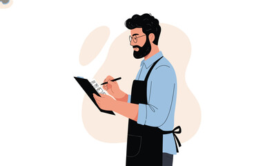 Bearded service worker in an apron writing on a clipboard, flat vector illustration isolated on white.