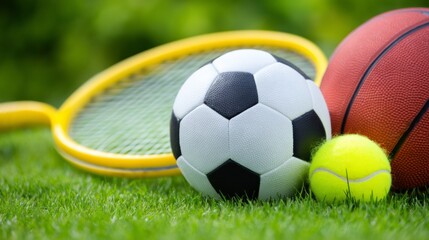 A colorful collection of sports equipment lies on vibrant green grass, including a soccer ball, basketball, tennis ball, and racket. Perfect for a lively sports day outdoors