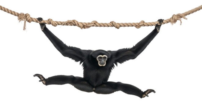 Siamang gibbon hanging on a rope isolated on transparent background is a primate known for its distinctive vocalizations and acrobatic abilities