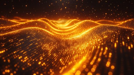 Abstract Golden Landscape with Glowing Lines and Particles.