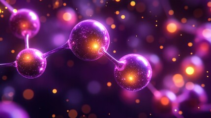 Abstract Molecular Structure with Glowing Purple Spheres and Bokeh Lights.