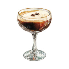 Watercolor illustration of espresso martini cocktail with coffee beans isolated on transparent background