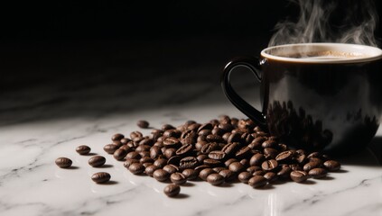 Morning caffeine boost steaming milk in a coffee mug alongside roasted brown coffee beans
