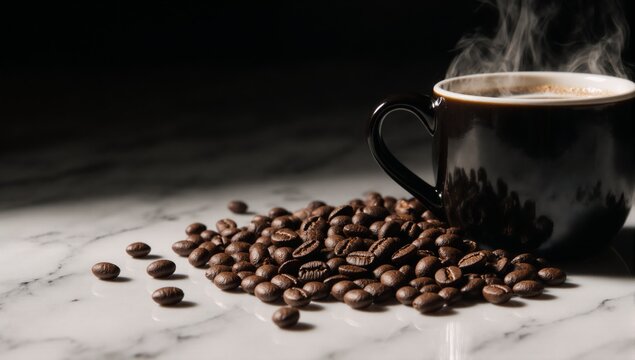 Morning caffeine boost steaming milk in a coffee mug alongside roasted brown coffee beans