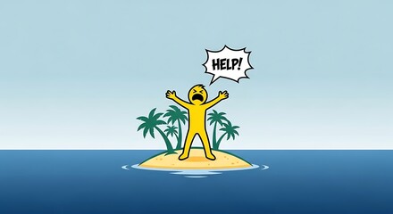 Cartoon Man Stranded on Desert Island Screaming for Help Palm Trees.