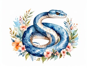 Obraz premium Watercolor illustration of a blue sea snake surrounded by floral elements