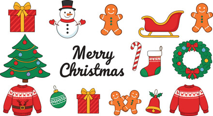 Mega Set of Cute Christmas Holiday Flat Icons and Characters Vector Illustration