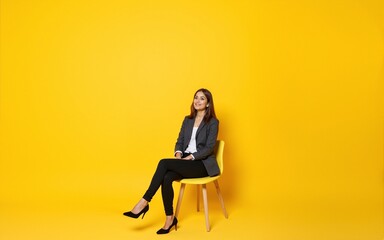 Full body length photo of beautiful pretty woman wear smart casual outfit look empty space satisfied relax chair isolated on yellow color background. High quality