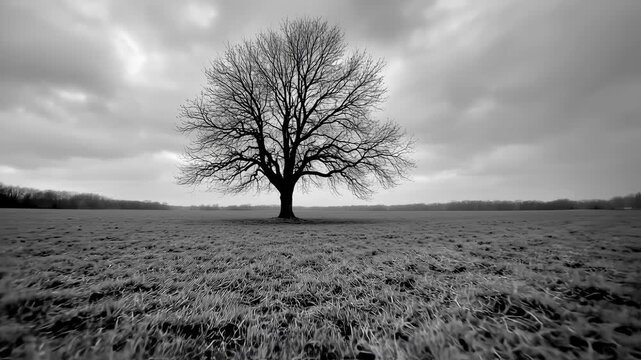 A solitary, leafless tree stands amidst a vast, gray field under a somber sky