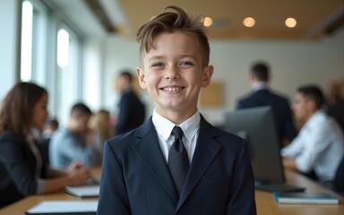 A young boy dressed in a smart suit exudes confidence amid a bustling office with adults engaged in various tasks, showcasing ambition and poise. High quality