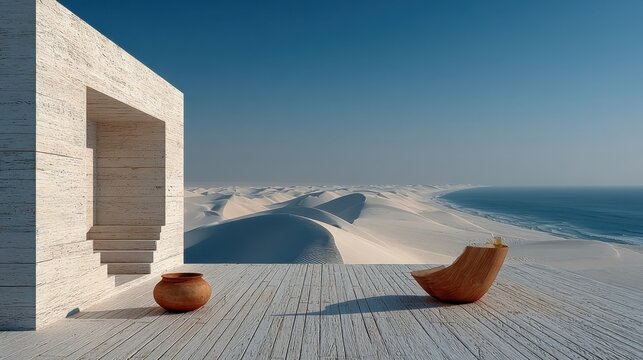 Serene Coastal Vista: An architectural marvel, featuring an open doorway frames the breathtaking backdrop of expansive sand dunes meeting the tranquil ocean.