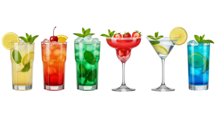 Selection of colorful summer cocktails isolated on transparent background, perfect for menu design or promotional material