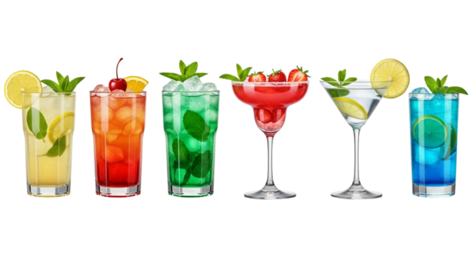 Selection of colorful summer cocktails isolated on transparent background, perfect for menu design or promotional material