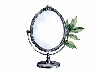 Fototapeta premium Antique-style mirror adorned with gentle foliage, watercolor illustration on clean white canvas