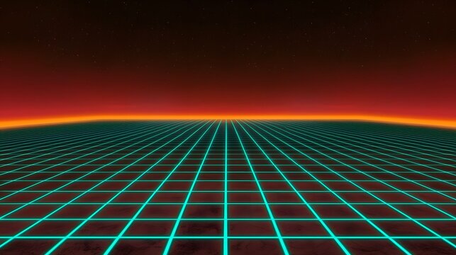 A retro-style horizon features a vivid neon grid extending to a distant orange horizon underneath a dark and starry sky, evoking a sense of nostalgia and technological fantasy.
