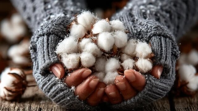 Close-up of a farmer's hands gently holding a bird's nest filled with freshly picked cotton bolls, symbolizing the harvest season and the natural origin of cotton fiber