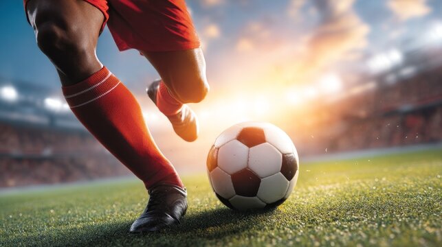 In a thrilling scene, a soccer player winds up to strike the ball on a lush green field while vibrant sunset colors illuminate the stadium. Passion and focus are evident