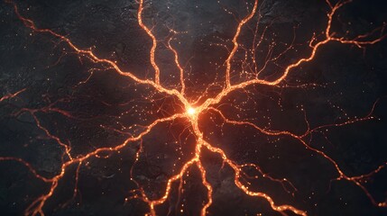 Abstract image of orange glowing energy branching out from a central bright light source over a dark, textured background, resembling neural pathways or electrical discharges.
