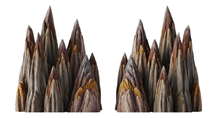 Two clusters of jagged rock formations with layered textures isolated on transparent background, creating a rugged and natural aesthetic