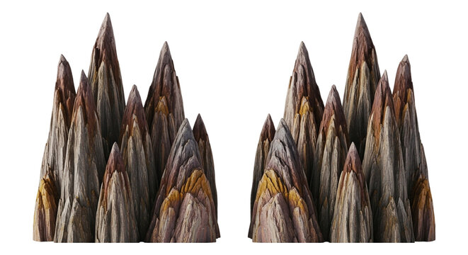 Two clusters of jagged rock formations with layered textures isolated on transparent background, creating a rugged and natural aesthetic