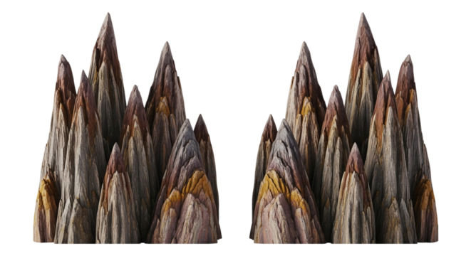 Two clusters of jagged rock formations with layered textures isolated on transparent background, creating a rugged and natural aesthetic
