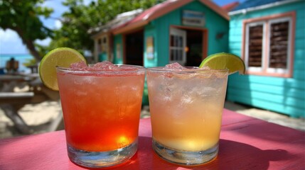 Two refreshing iced drinks sit on a sunlit table, surrounded by lush greenery. The vibrant hues bring a sense of joy. Nearby, a charming tropical cafe adds to the relaxing atmosphere